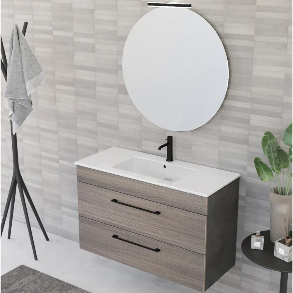 Composition de salle de bain suspendue Smack à 2 tiroirs 100x62 avec lavabo, miroir avec lampe LED orme naturel et ciment