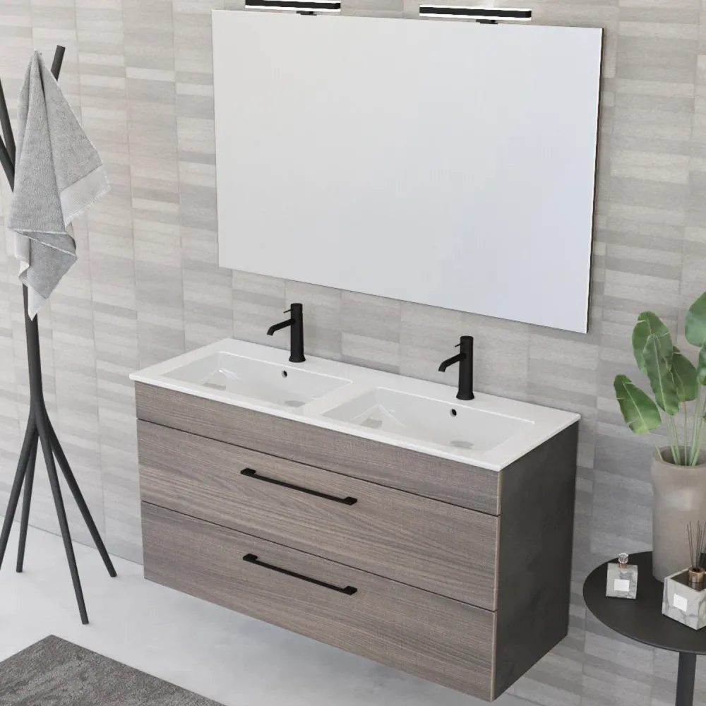 Composition de salle de bain suspendue Smack à 2 tiroirs 118x62 avec dupliqué lavabo, miroir avec lampe LED orme naturel e...