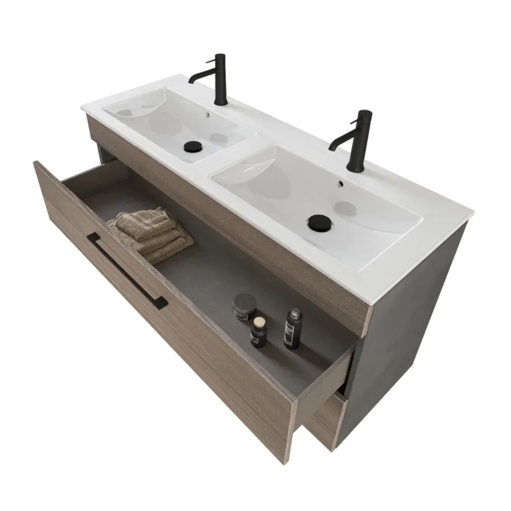 Composition de salle de bain suspendue Smack à 2 tiroirs 118x62 avec dupliqué lavabo, miroir avec lampe LED orme naturel e...