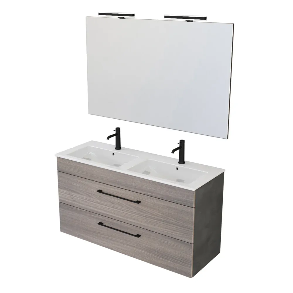 Composition de salle de bain suspendue Smack à 2 tiroirs 118x62 avec dupliqué lavabo, miroir avec lampe LED orme naturel e...