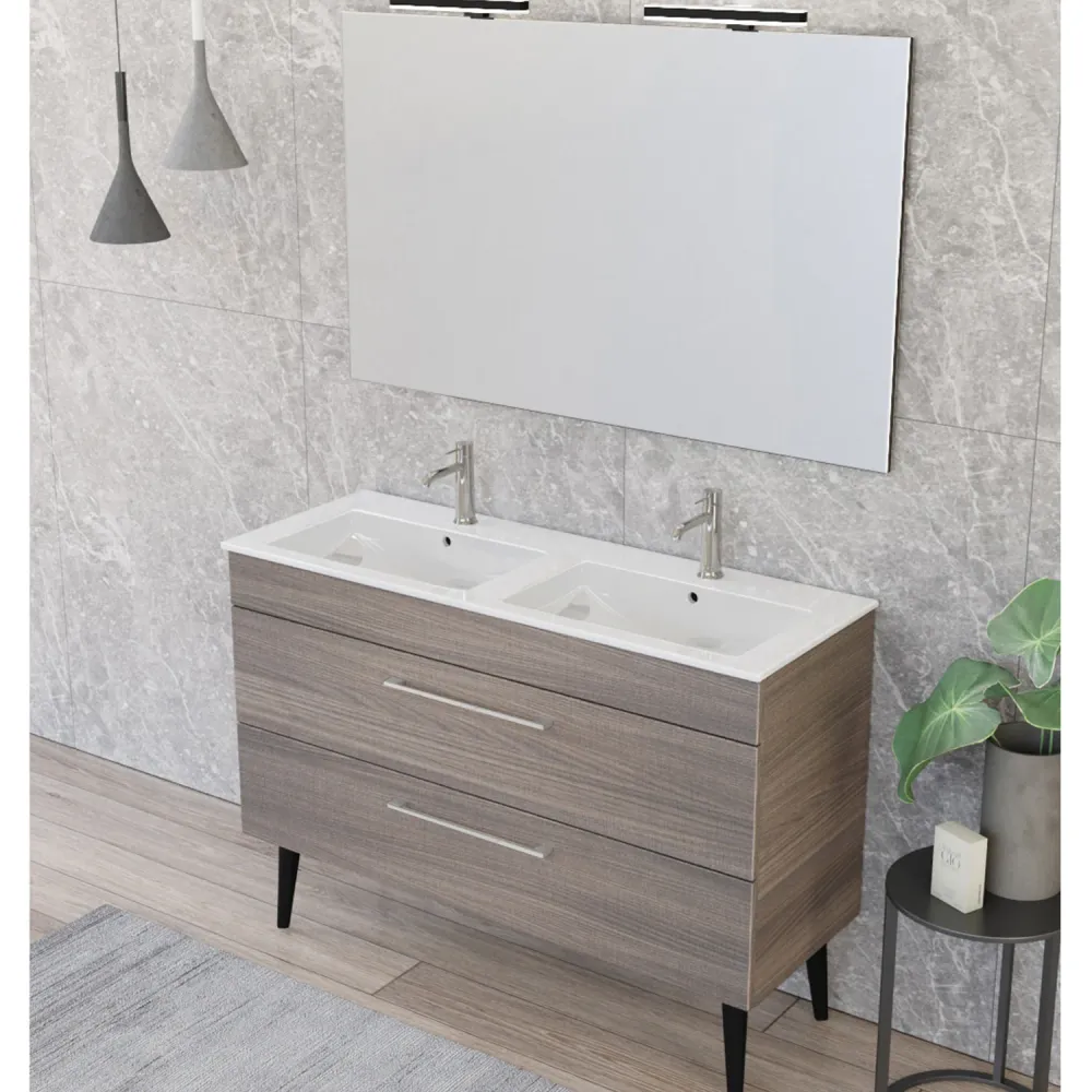 Composition de salle de bain suspendue Smack à 2 tiroirs 118x62 avec jumeau lavabo, miroir avec lampe LED orme naturel