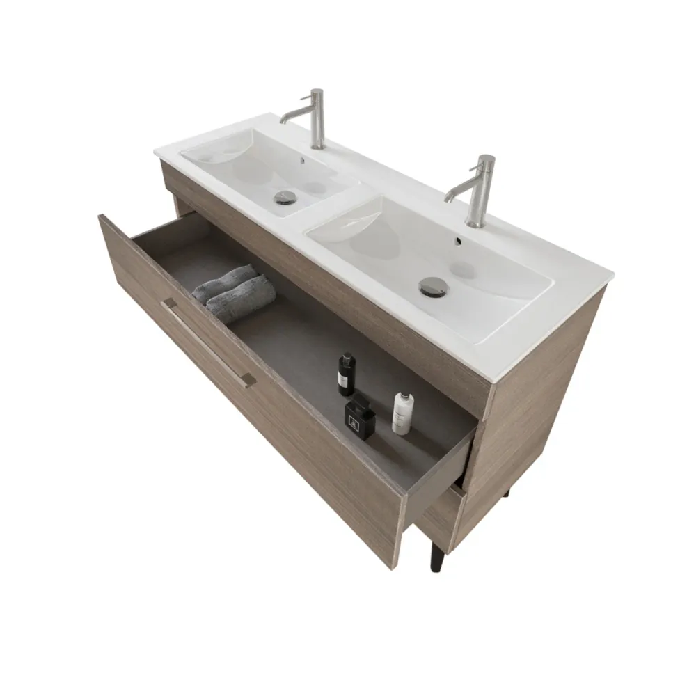 Composition de salle de bain suspendue Smack à 2 tiroirs 118x62 avec jumeau lavabo, miroir avec lampe LED orme naturel