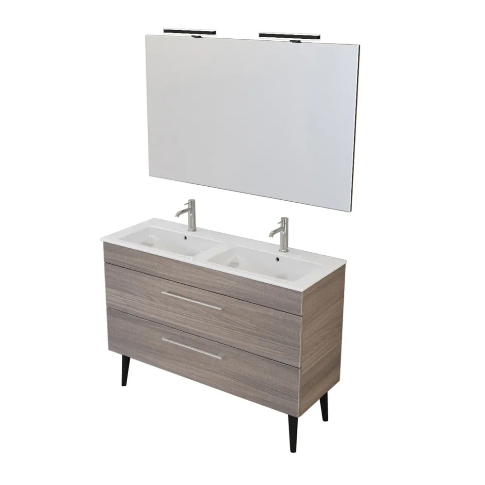 Composition de salle de bain suspendue Smack à 2 tiroirs 118x62 avec jumeau lavabo, miroir avec lampe LED orme naturel