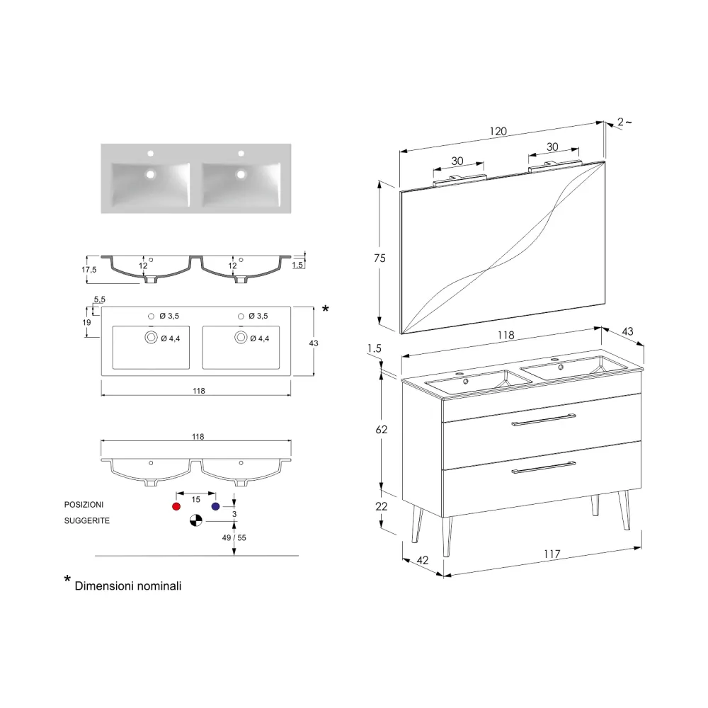 Composition de salle de bain suspendue Smack à 2 tiroirs 118x62 avec jumeau lavabo, miroir avec lampe LED orme naturel