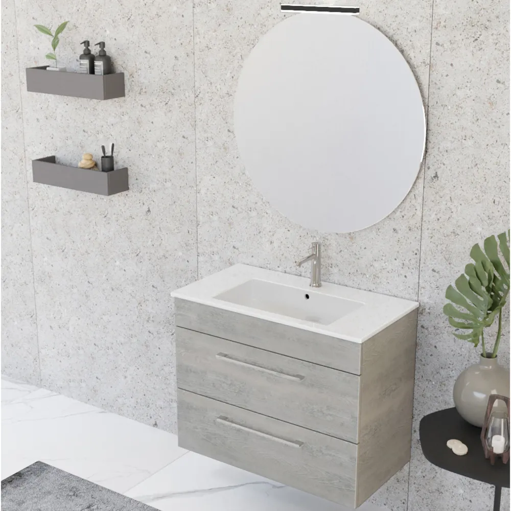Composition de salle de bain suspendue Smack à 2 tiroirs 80x62 avec lavabo, miroir avec lampe LED cement wood