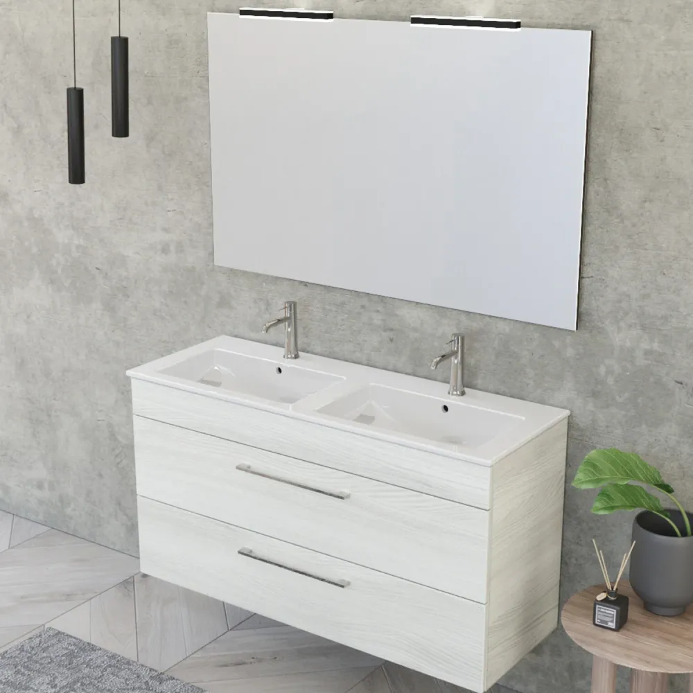 Composition de salle de bain suspendue Smack à 2 tiroirs 118x62 avec deux fois lavabo, miroir avec lampe LED orme blanc