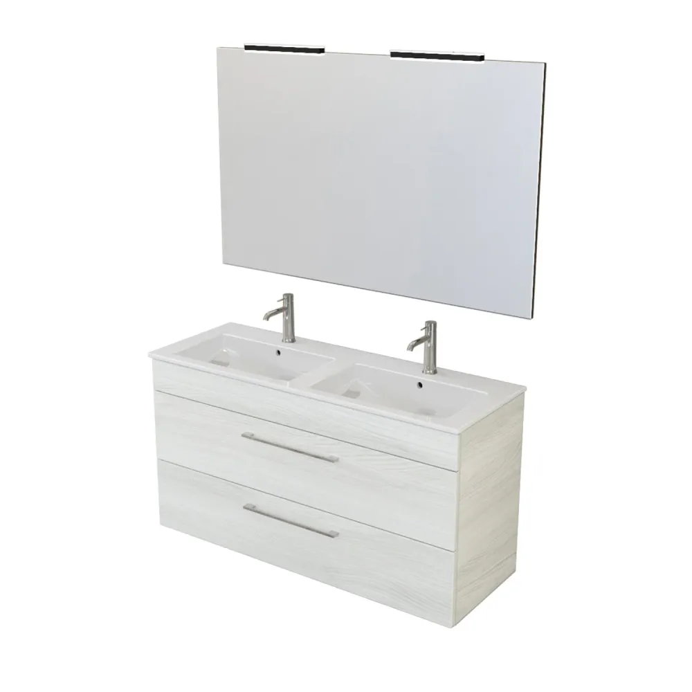 Composition de salle de bain suspendue Smack à 2 tiroirs 118x62 avec deux fois lavabo, miroir avec lampe LED orme blanc