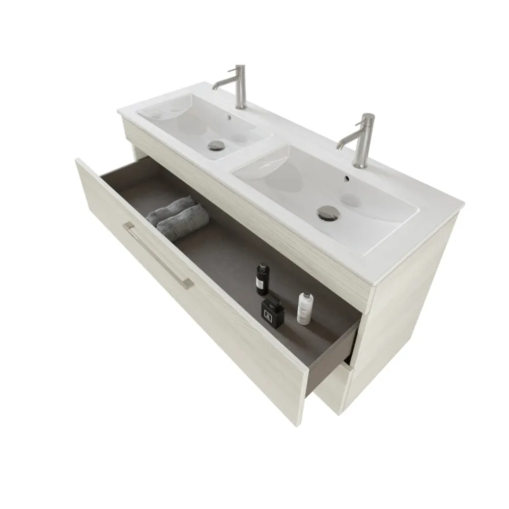 Composition de salle de bain suspendue Smack à 2 tiroirs 118x62 avec deux fois lavabo, miroir avec lampe LED orme blanc