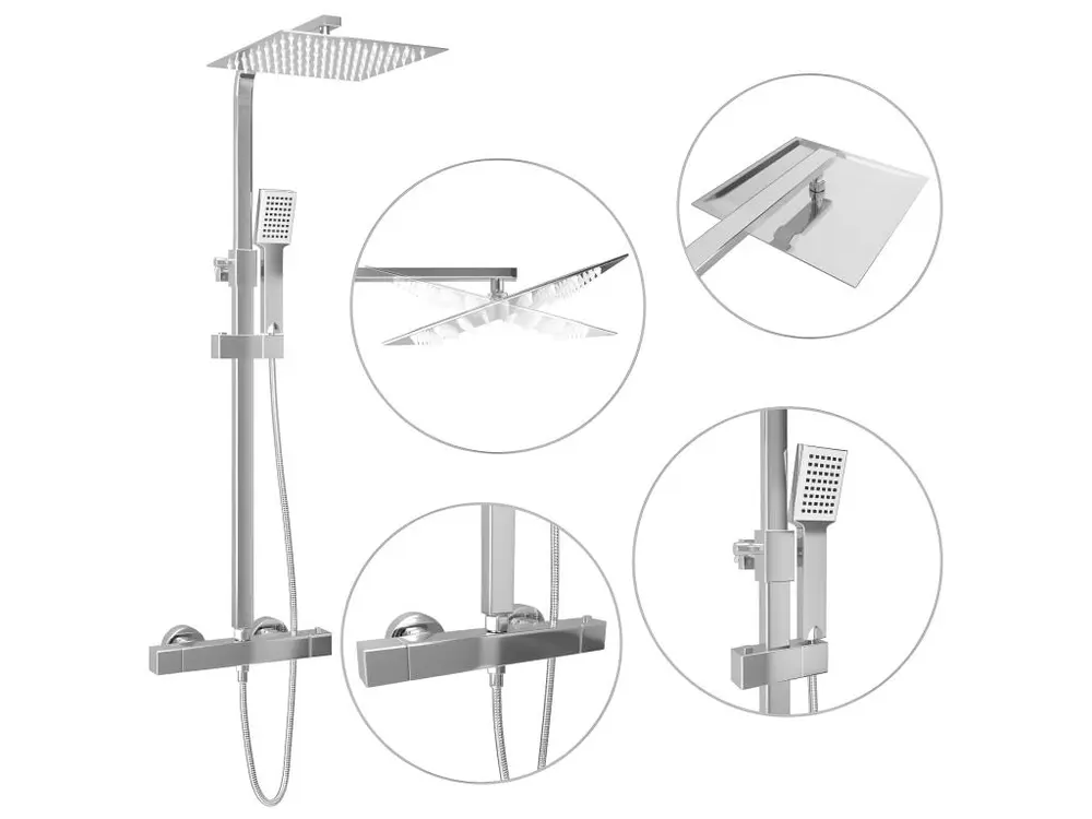 Ensemble de douche à deux têtes et thermostat douche à main pomme de douche carrée tige de douche réglable de 80 cm à 120...