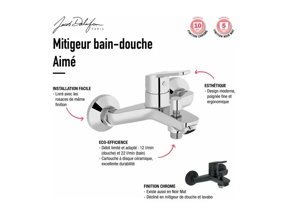 Mitigeur bain-douche Jacob Delafon Aimé chrome + Douchette Shift Ellipse 2 jets + Modulable lisse anti-torsion 1600