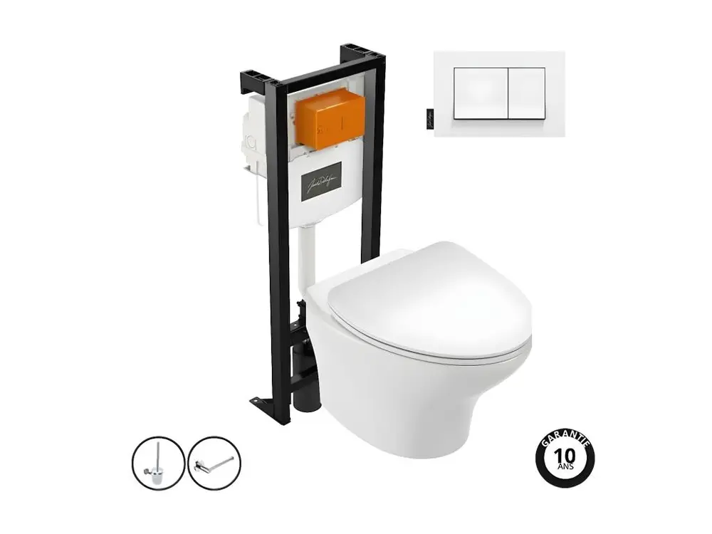 Pack WC suspendu sans bride mini JACOB DELAFON Nouvelle vague+ bâti-support + plaque Blanc brillant + accessoires