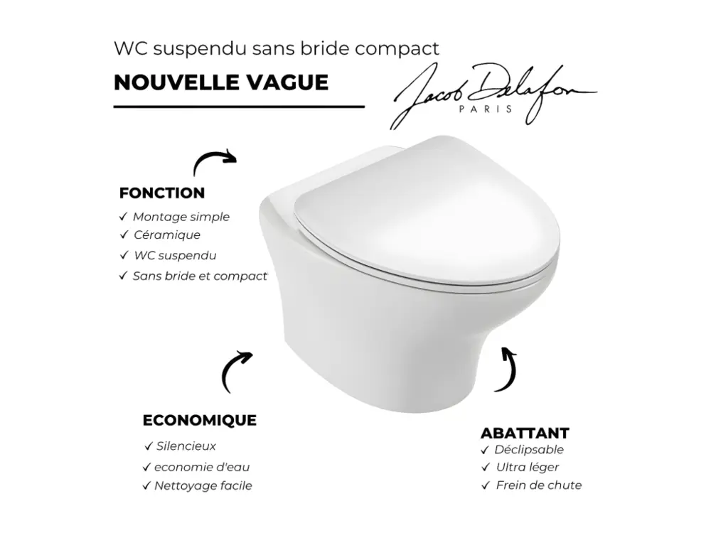Pack WC suspendu sans bride mini JACOB DELAFON Nouvelle vague+ bâti-support + plaque Blanc brillant + accessoires