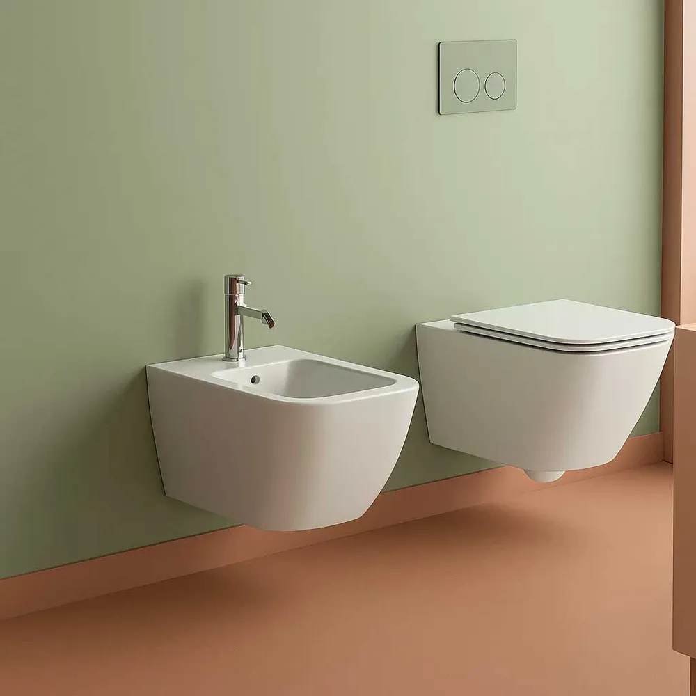 Paire de sanitaires suspendus BathCore série Etherea 42x52 cm - Cuvette suspendue + bidet suspendu + abattant de WC