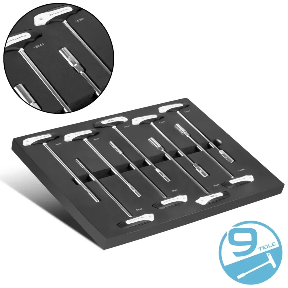 Ensemble de clés de socket en t-handle en 9 parties avec insert en mousse pour voiture d'atelier | Outil de haute qualité...