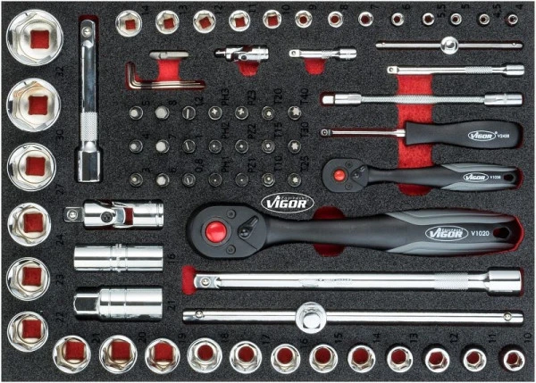Jeu de clés à douilles VIGOR nombre d'outils : 71 insert en mousse souple 2K taille d'insert / taille de...