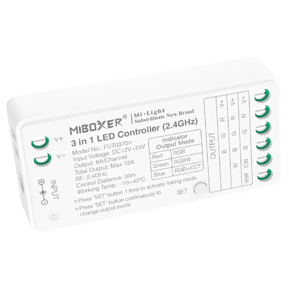 Variateur LED RGB/RGBW/RGB+CCT 3-en-1 MiBoxer FUT037S+ 12/24V CC Tension : 12V