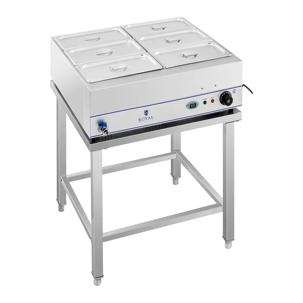 Rondelle Bain Marie 2 000 watts 6 bacs GN 1/3 avec table et robinet de vidange acier inoxydable 14_0000558