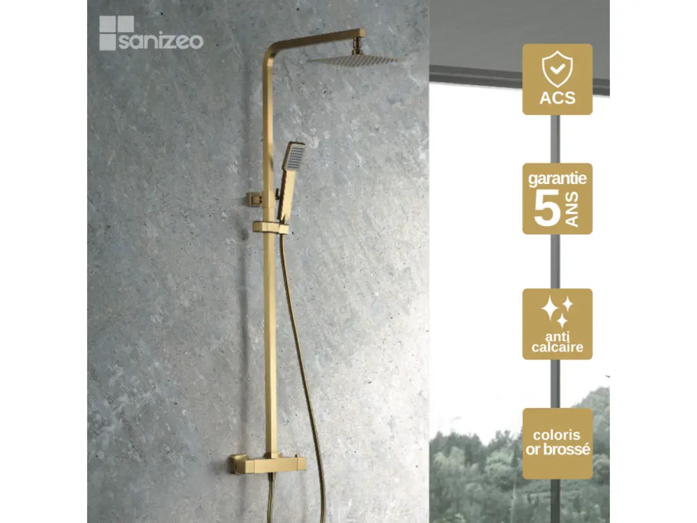 Robinet thermostatique Colonne de Douche Thermostatique Anti-Calcaire Or Brossé IMEX Sanizéo VIGO BTV013/OC
