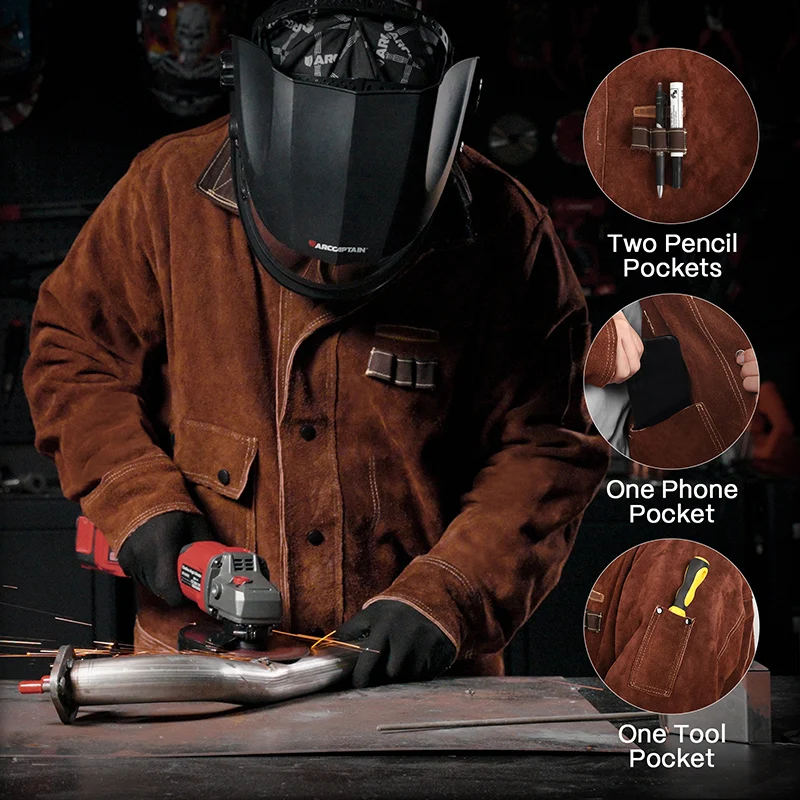 Arccaptain Heavy Duty Cowhide Welding Jacket Brown En cuir Coat