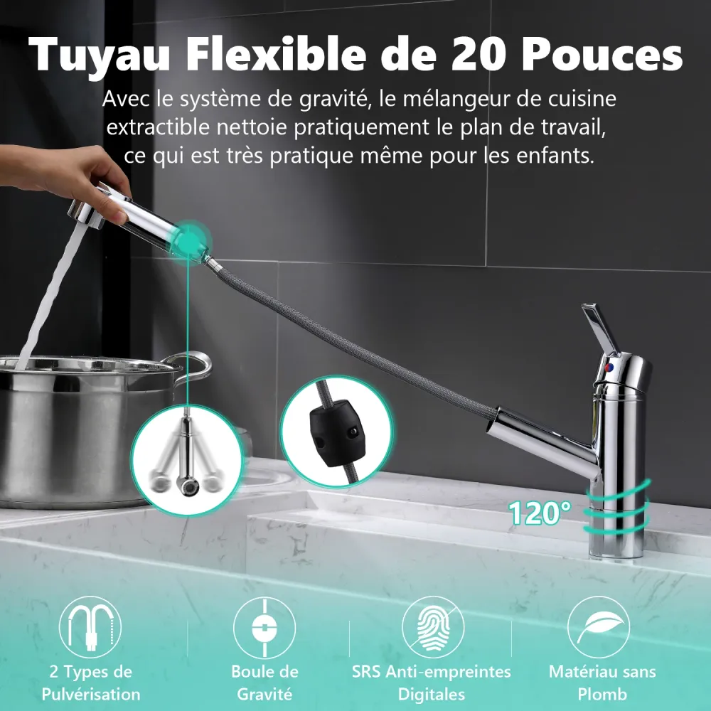 APPASO Mitigeur d'Evier avec Douchette Robinet de Cuisine Novateur Bec Rotatif Chromé Argent