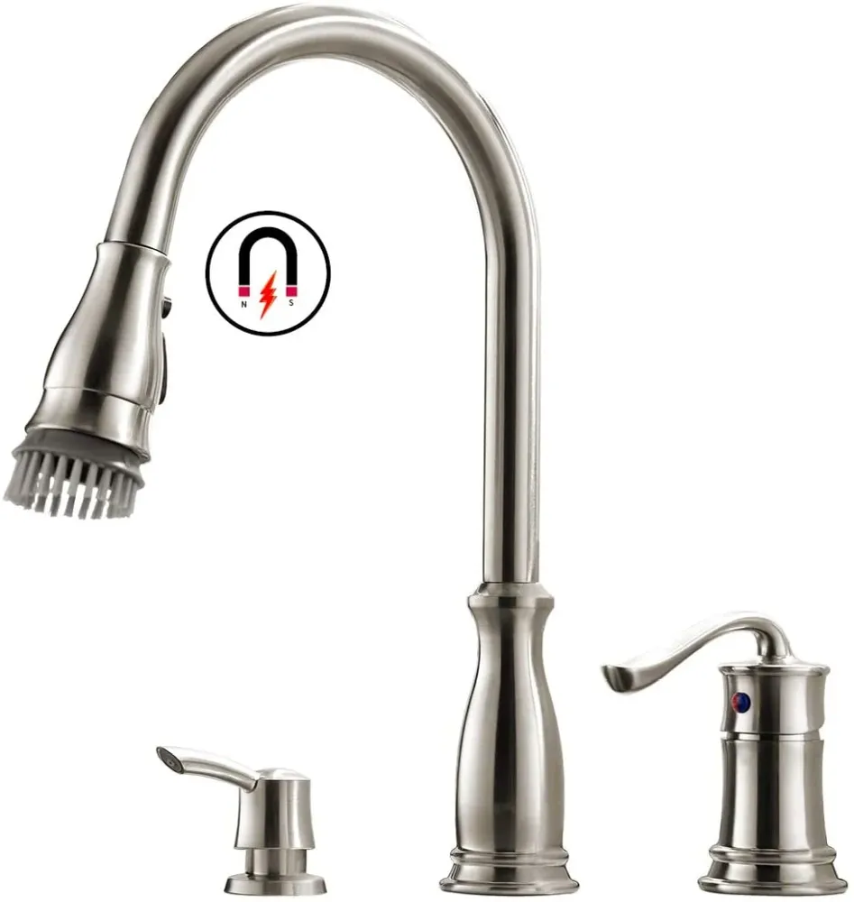 APPASO Robinet de cuisine 3 trous avec magnétique à une poignée nickel brossé 218BN