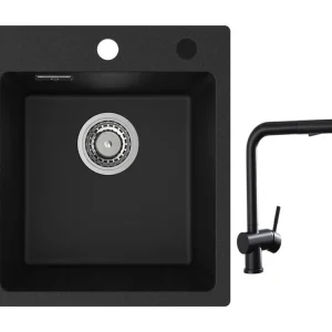 Cecipa max 40x45cm Evier de Cuisine en Quartz et Résine Evier Quartz 1 Bac Noir + Robinets Cuisine avec Douchette Extracti...
