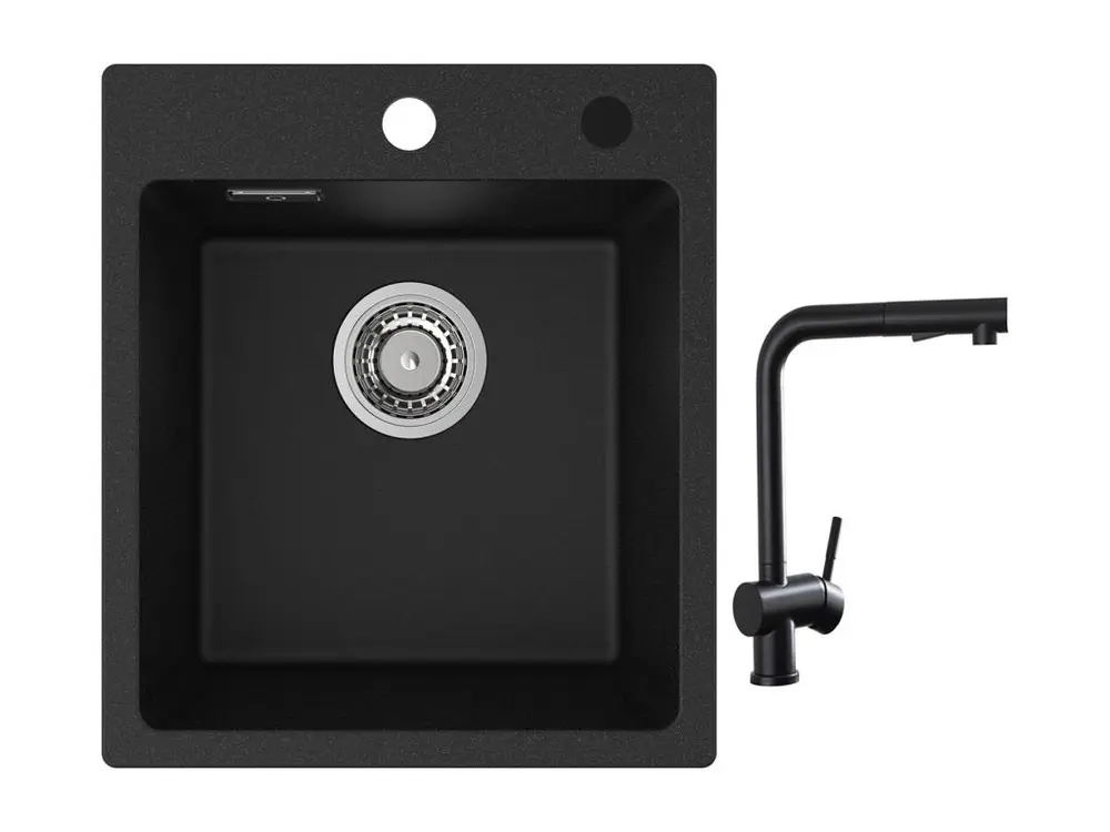 Cecipa max 40x45cm Evier de Cuisine en Quartz et Résine Evier Quartz 1 Bac Noir + Robinets Cuisine avec Douchette Extracti...