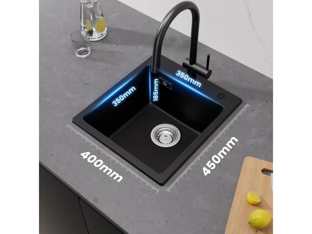 Cecipa max 40x45cm Evier de Cuisine en Quartz et Résine Evier Quartz 1 Bac Noir + Robinets Cuisine avec Douchette Extracti...