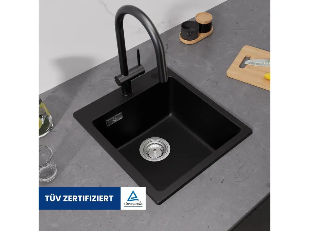 Cecipa max 40x45cm Evier de Cuisine en Quartz et Résine Evier Quartz 1 Bac Noir + Robinets Cuisine avec Douchette Extracti...