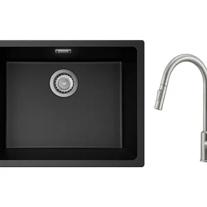 CECIPA MAX Evier 1 Bac en Quartz et Résine Noir Gris 55*44*20cm + Mitigeur avec Douchette Extractible 2 Modes de Sortie D&...