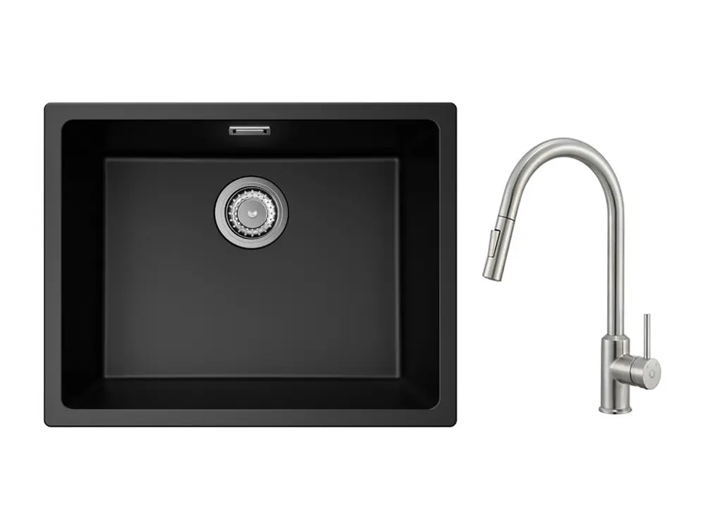 CECIPA MAX Evier 1 Bac en Quartz et Résine Noir Gris 55*44*20cm + Mitigeur avec Douchette Extractible 2 Modes de Sortie D&...