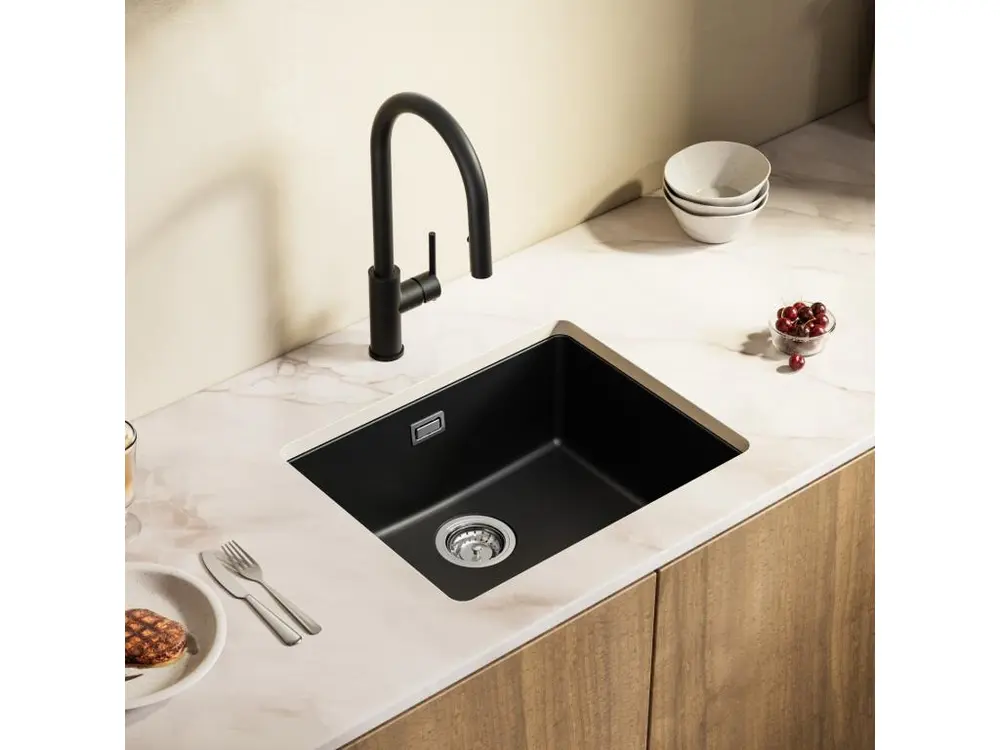 CECIPA MAX Evier 1 Bac en Quartz et Résine Noir Gris 55*44*20cm + Mitigeur avec Douchette Extractible 2 Modes de Sortie D&...