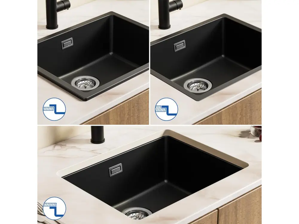 CECIPA MAX Evier 1 Bac en Quartz et Résine Noir Gris 55*44*20cm + Mitigeur avec Douchette Extractible 2 Modes de Sortie D&...