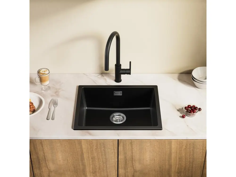 CECIPA MAX Evier 1 Bac en Quartz et Résine Noir Gris 55*44*20cm + Mitigeur avec Douchette Extractible 2 Modes de Sortie D&...