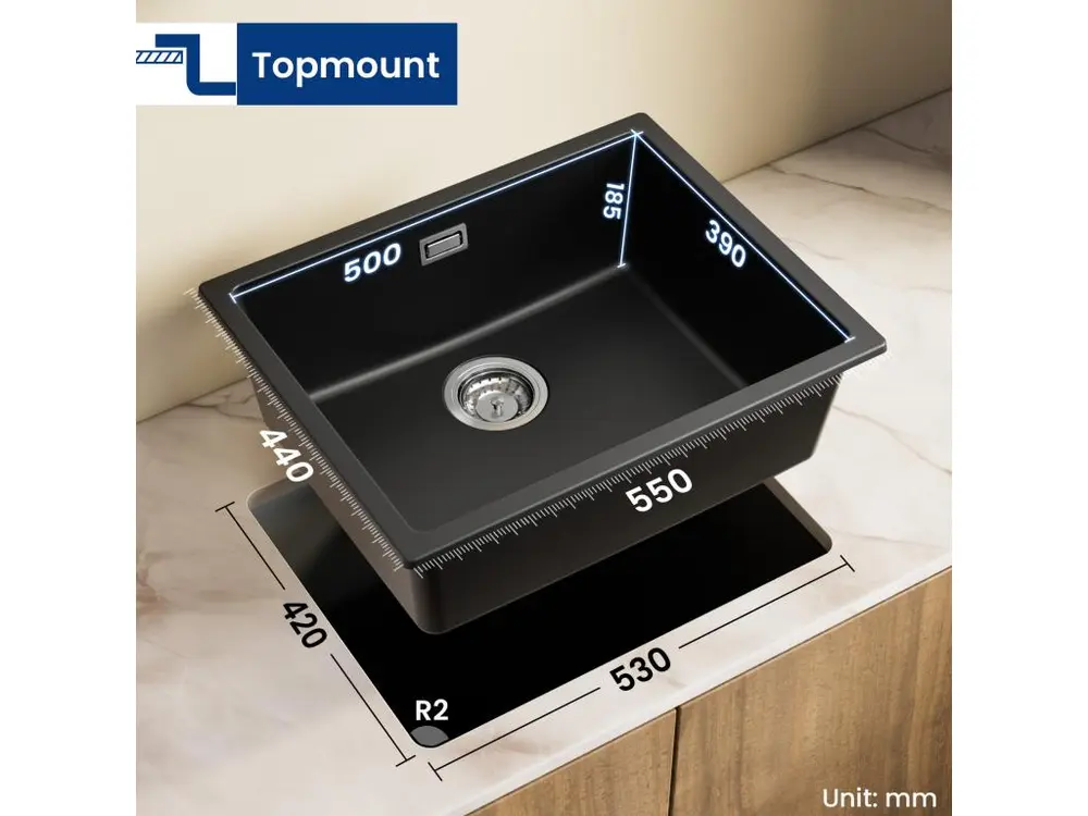 CECIPA MAX Evier 1 Bac en Quartz et Résine Noir Gris 55*44*20cm + Mitigeur avec Douchette Extractible 2 Modes de Sortie D&...
