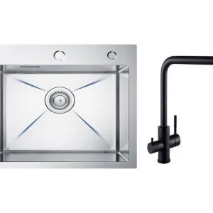 CECIPA MAX Évier Cuisine 1 Bac 50×45×18.5CM Évier Inox Brossé + Mitigeur Evier à 3 Voies, 2 Leviers, Noir