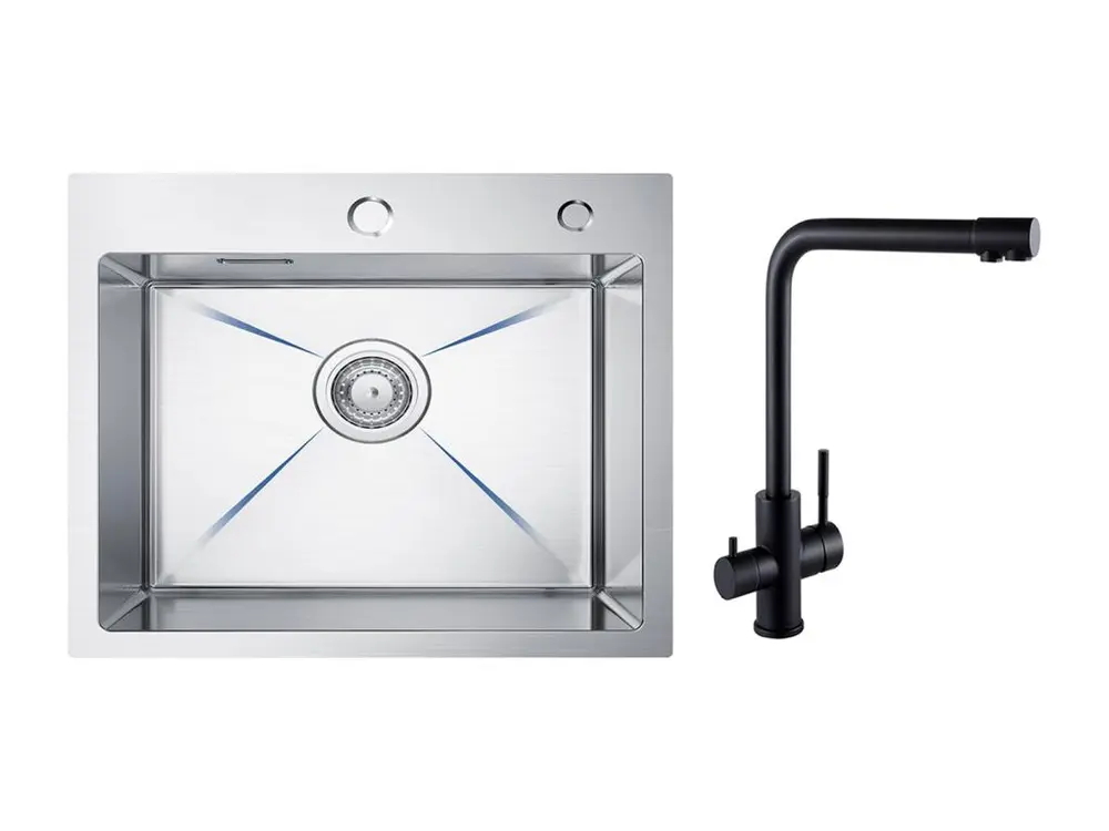 CECIPA MAX Évier Cuisine 1 Bac 50×45×18.5CM Évier Inox Brossé + Mitigeur Evier à 3 Voies, 2 Leviers, Noir