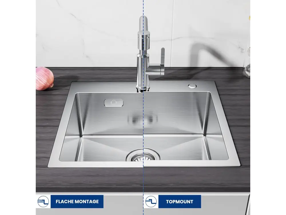 CECIPA MAX Évier Cuisine 1 Bac 50×45×18.5CM Évier Inox Brossé + Mitigeur Evier à 3 Voies, 2 Leviers, Noir