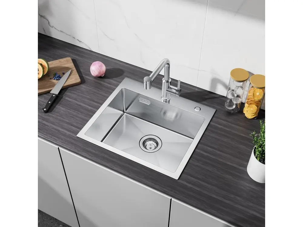 CECIPA MAX Évier Cuisine 1 Bac 50×45×18.5CM Évier Inox Brossé + Mitigeur Evier à 3 Voies, 2 Leviers, Noir