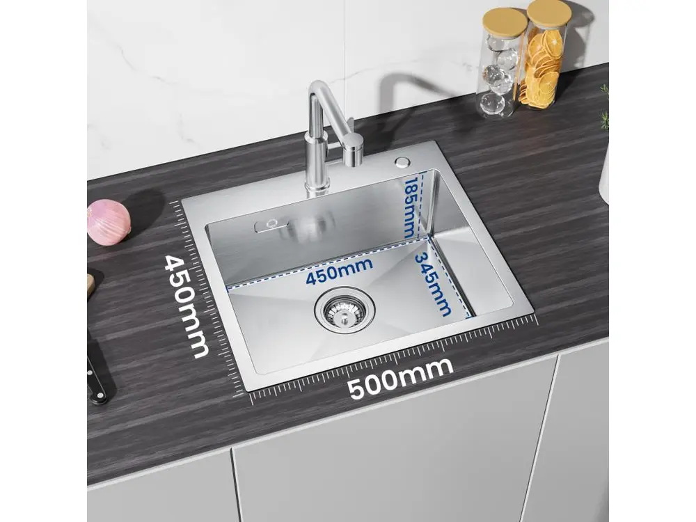 CECIPA MAX Évier Cuisine 1 Bac 50×45×18.5CM Évier Inox Brossé + Mitigeur Evier à 3 Voies, 2 Leviers, Noir