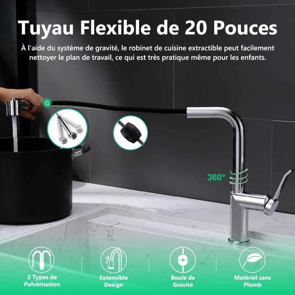 Mitigeur d‘Évier APPASO avec Douchette Extractible Robinet Cuisine Récent Bec Rabattable en Nickel Brossé Argent