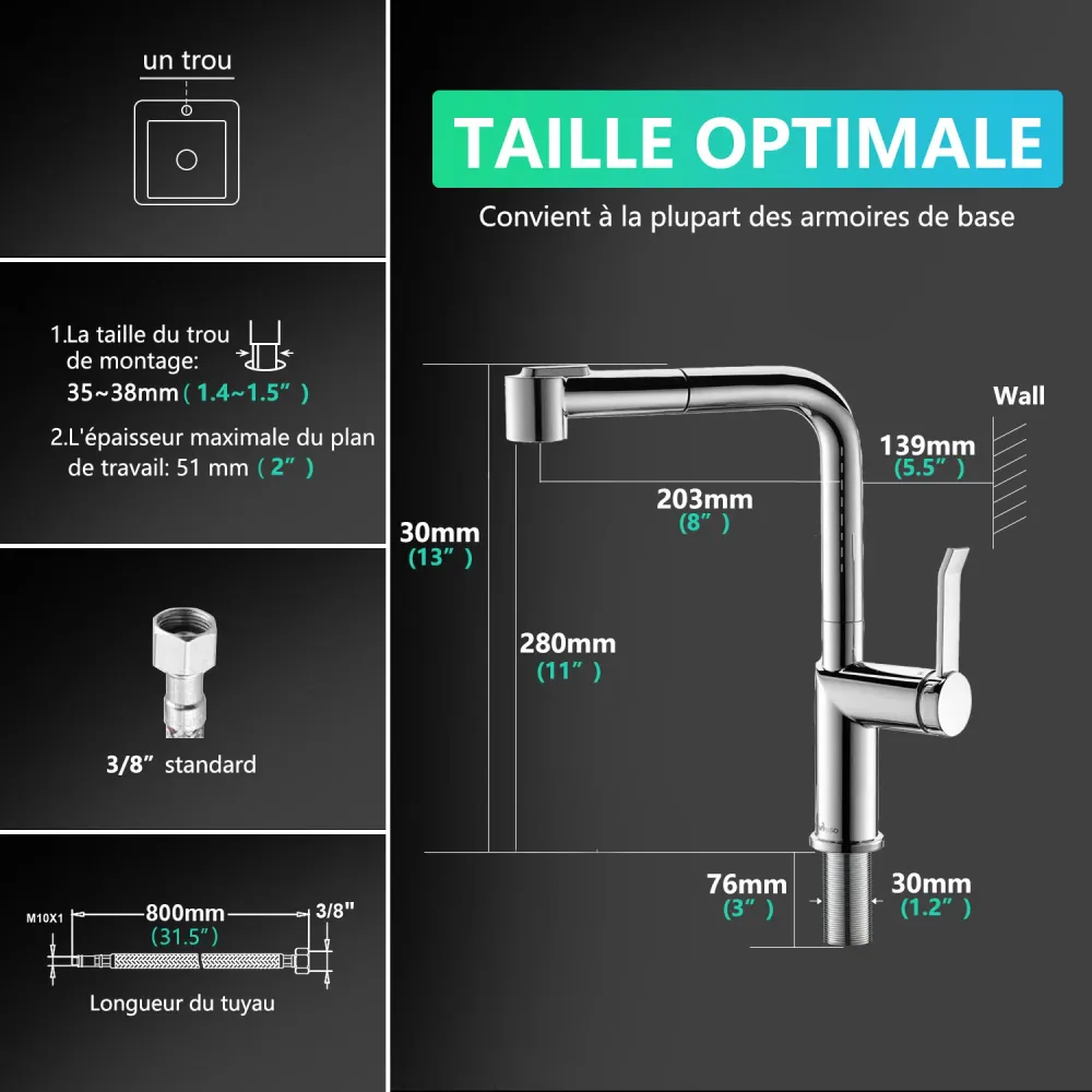 Mitigeur d‘Évier APPASO avec Douchette Extractible Robinet Cuisine Novateur Bec Rabattable en Nickel Brossé Argent