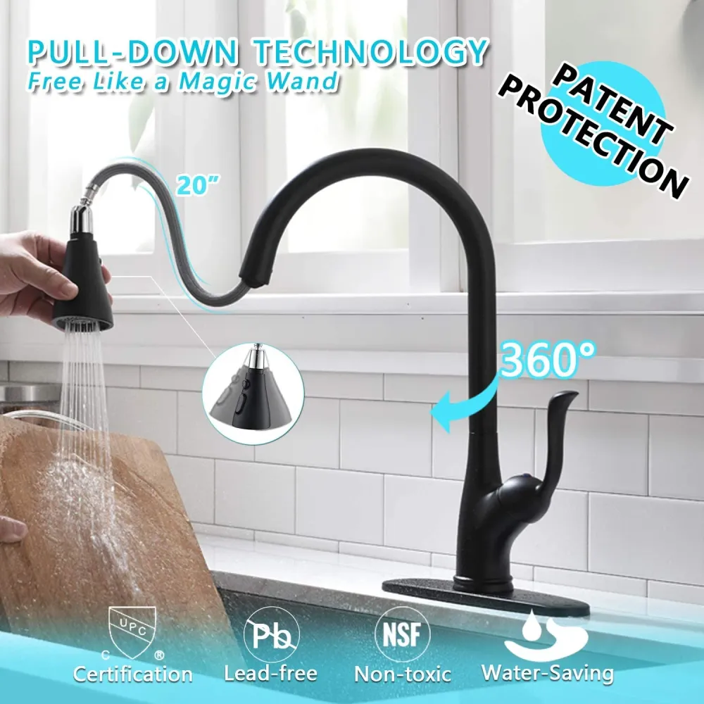 Mitigeur Evier APPASO Bec Haut Pivotant Robinet Cuisine avec Douchette Extractible 3 Jets en Laiton Massif Noir Mat