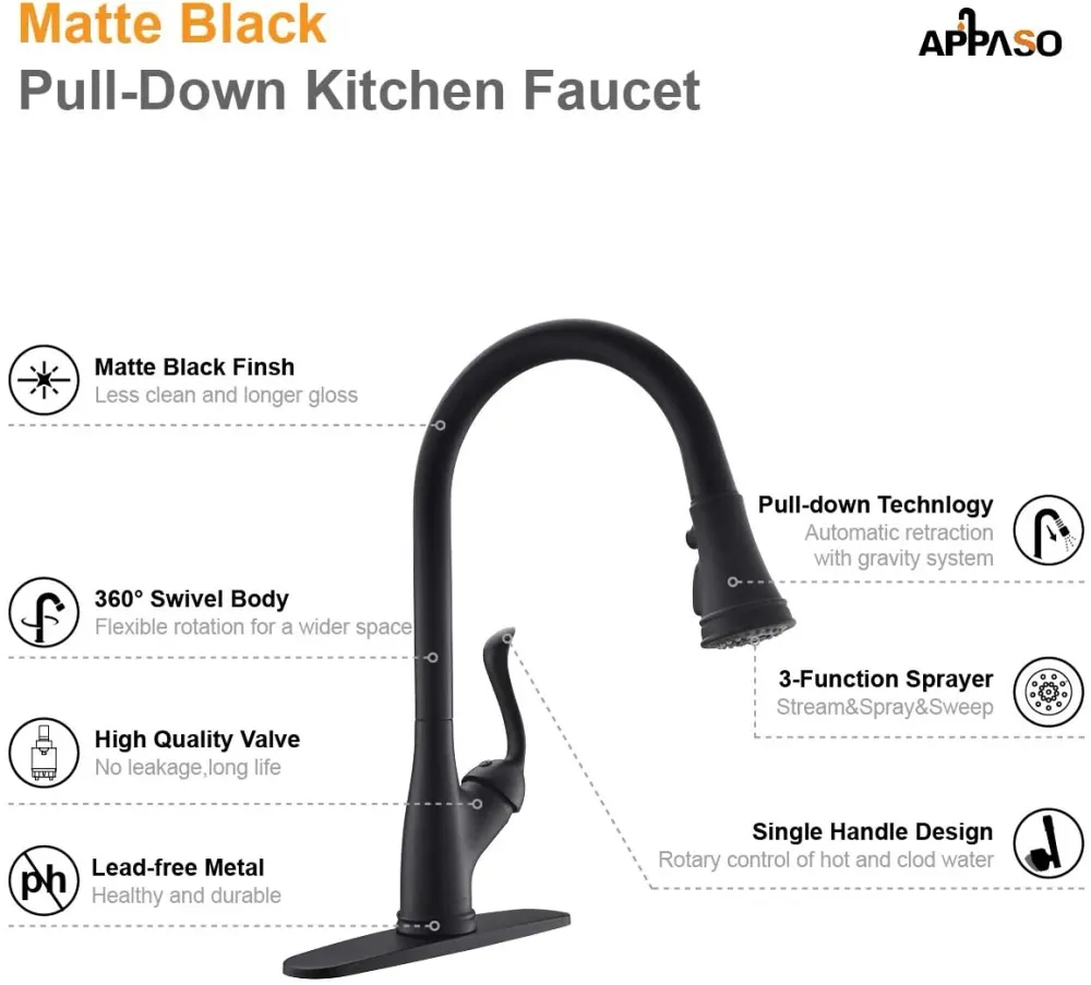 Mitigeur Evier APPASO Bec Haut Pivotant Robinet Cuisine avec Douchette Extractible 3 Jets en Laiton Massif Noir Mat