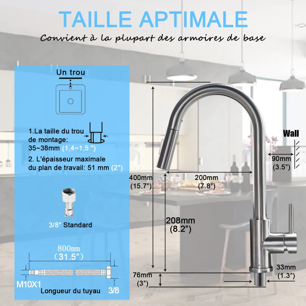 Robinet de Cuisine APPASO avec Douchette Extractible Mitigeur d'Évier à Bras Rabattable Brossé Argent