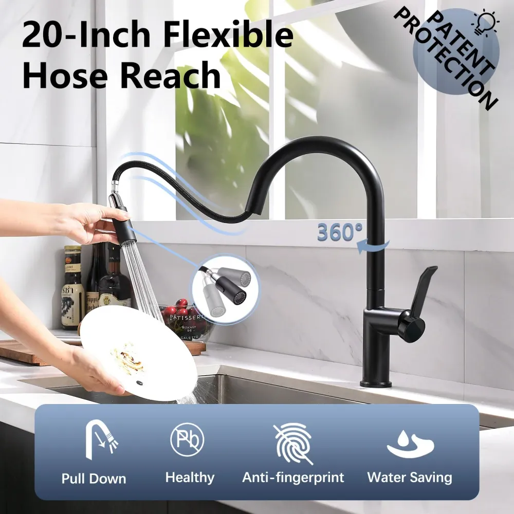 Robinet Mitigeur Evier APPASO Bec Haut Robinet de Cuisine Novateur avec Douchette 2 Jets Noir Mat