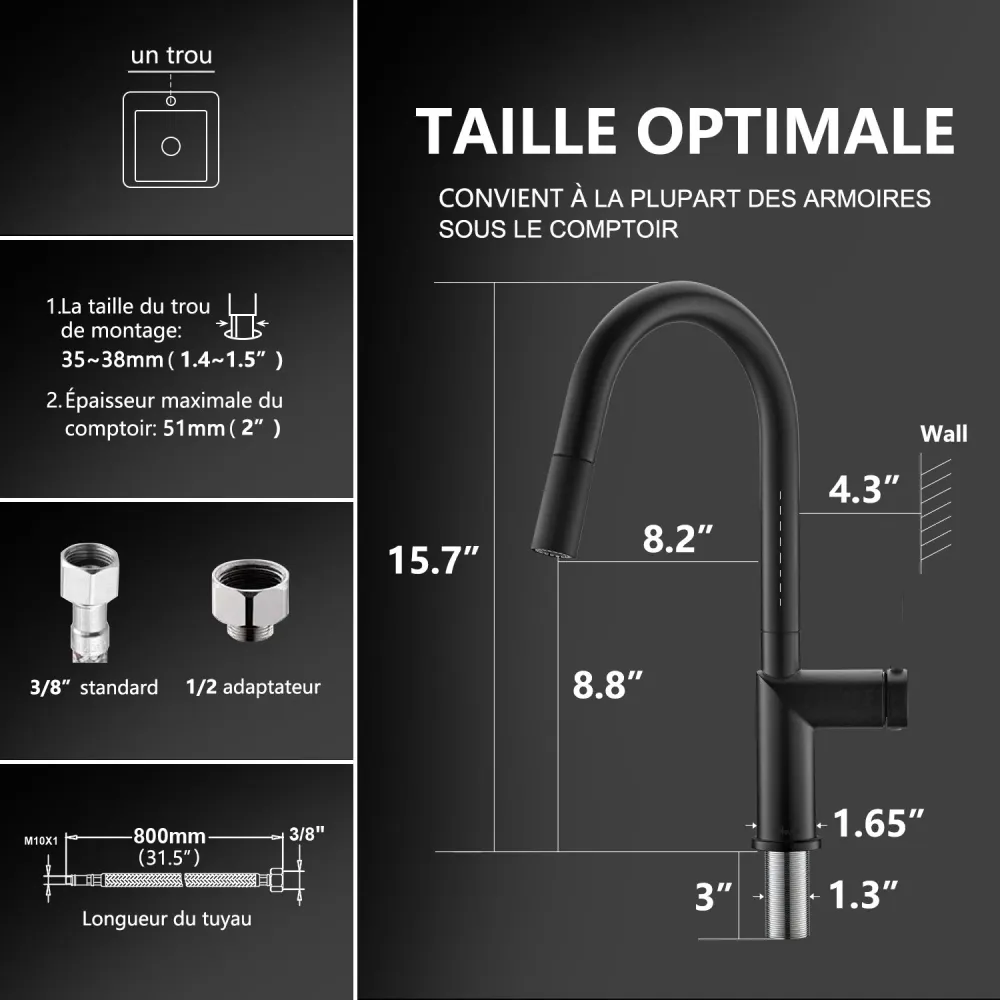 Robinet Mitigeur Evier APPASO Bec Haut Robinet de Cuisine Novateur avec Douchette 2 Jets Noir Mat