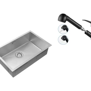 Évier Cuisine 1Bac 70*44*19CM,à Encastrer/Fleur/Sous-Plan,avec Siphon/Trop-Plein,Brossé+Robinet Cuisine Noir avec Douchett...