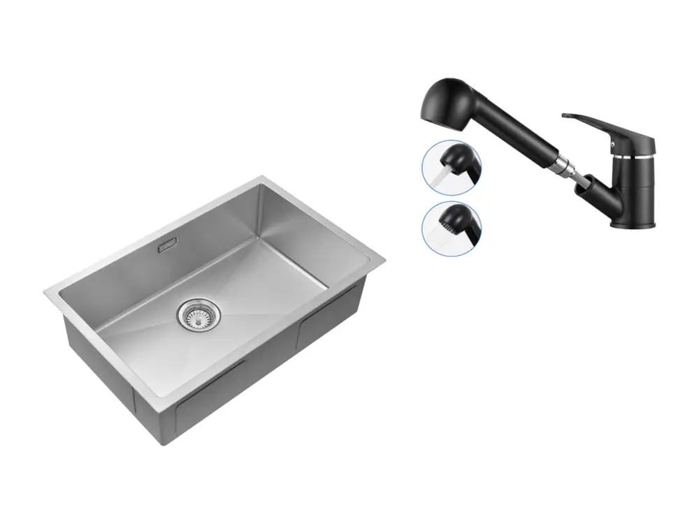Évier Cuisine 1Bac 70*44*19CM,à Encastrer/Fleur/Sous-Plan,avec Siphon/Trop-Plein,Brossé+Robinet Cuisine Noir avec Douchett...