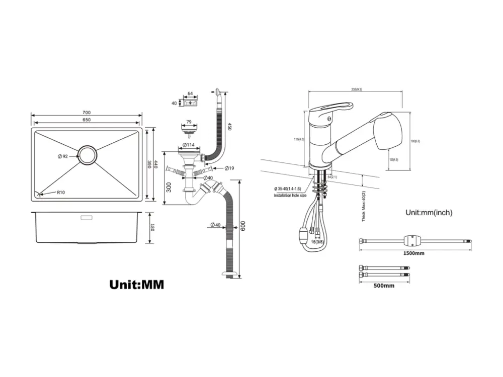 Évier Cuisine 1Bac 70*44*19CM,à Encastrer/Fleur/Sous-Plan,avec Siphon/Trop-Plein,Brossé+Robinet Cuisine Noir avec Douchett...